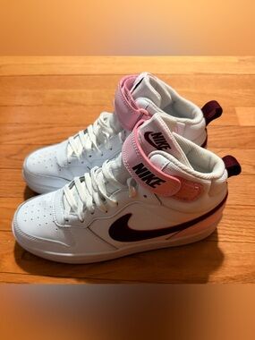 Kids Nike White High-Top Sneakers with Pink and Maroon Accents